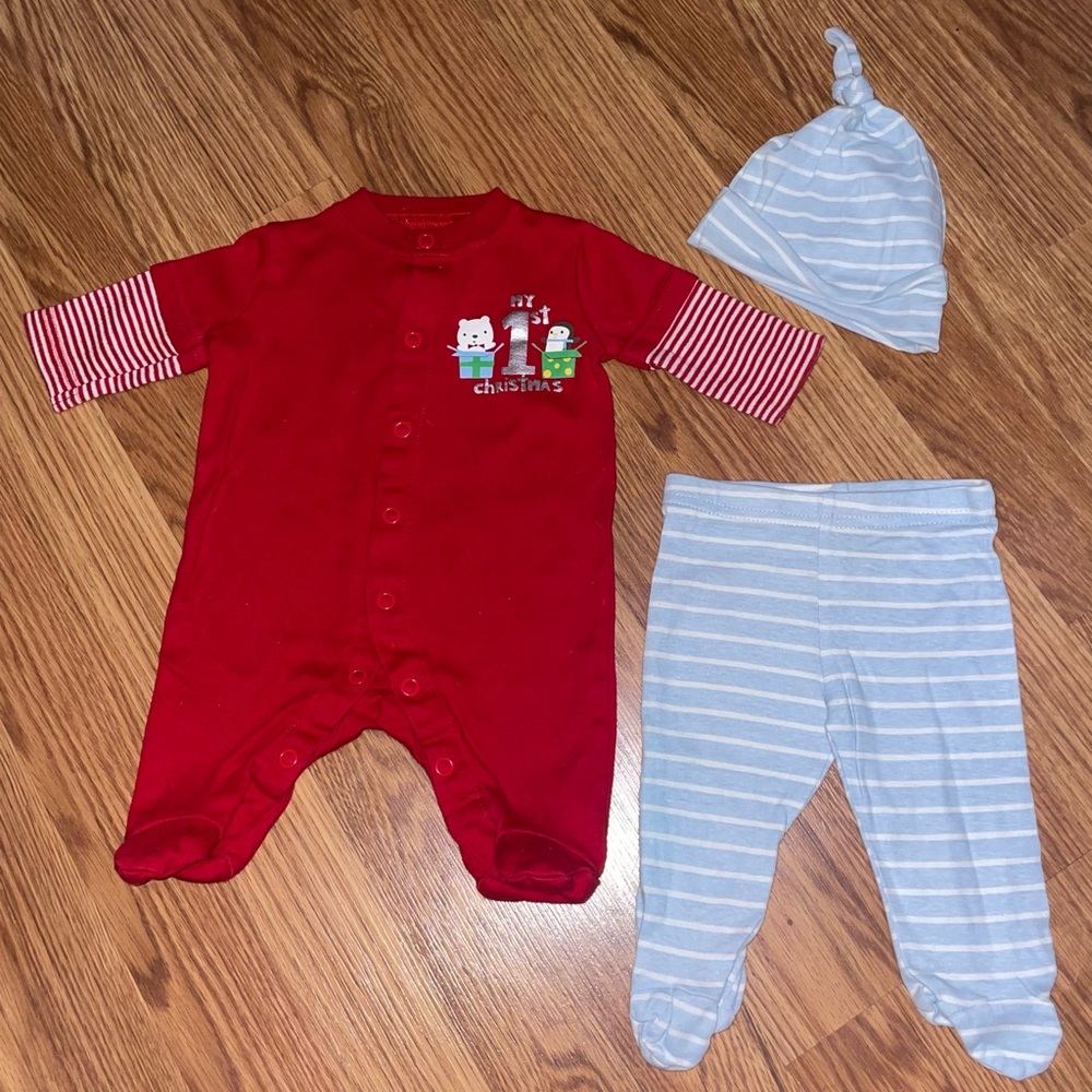 Newborn baby my first 1st Christmas Circo nighttime pants and pajama cap Gerber